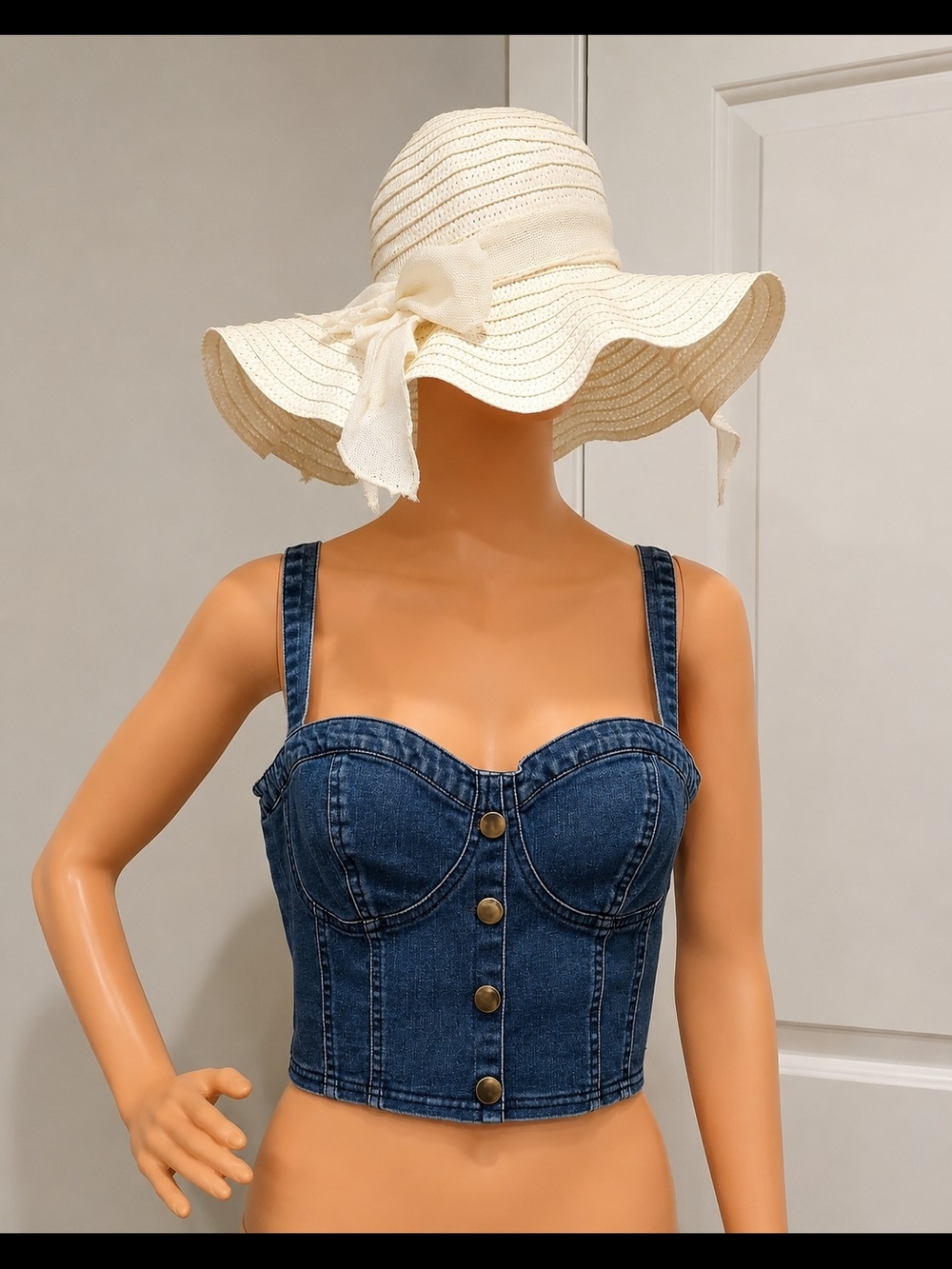Denim Button-Front Bustier Crop Top - Blue